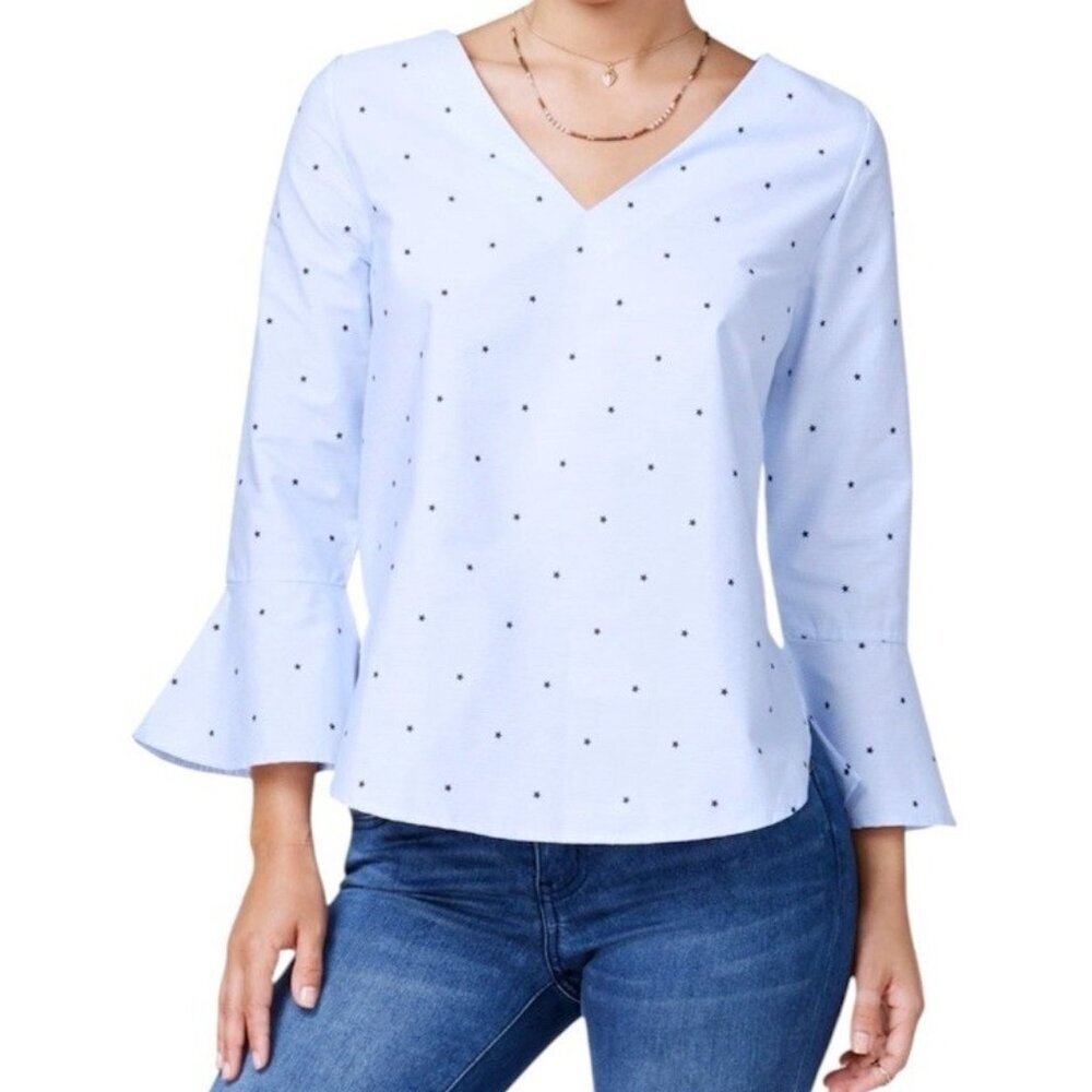 Seven Sisters Blue Stripes & Star Print V-Neck  Long Ruffle Sleeve Blouse XS